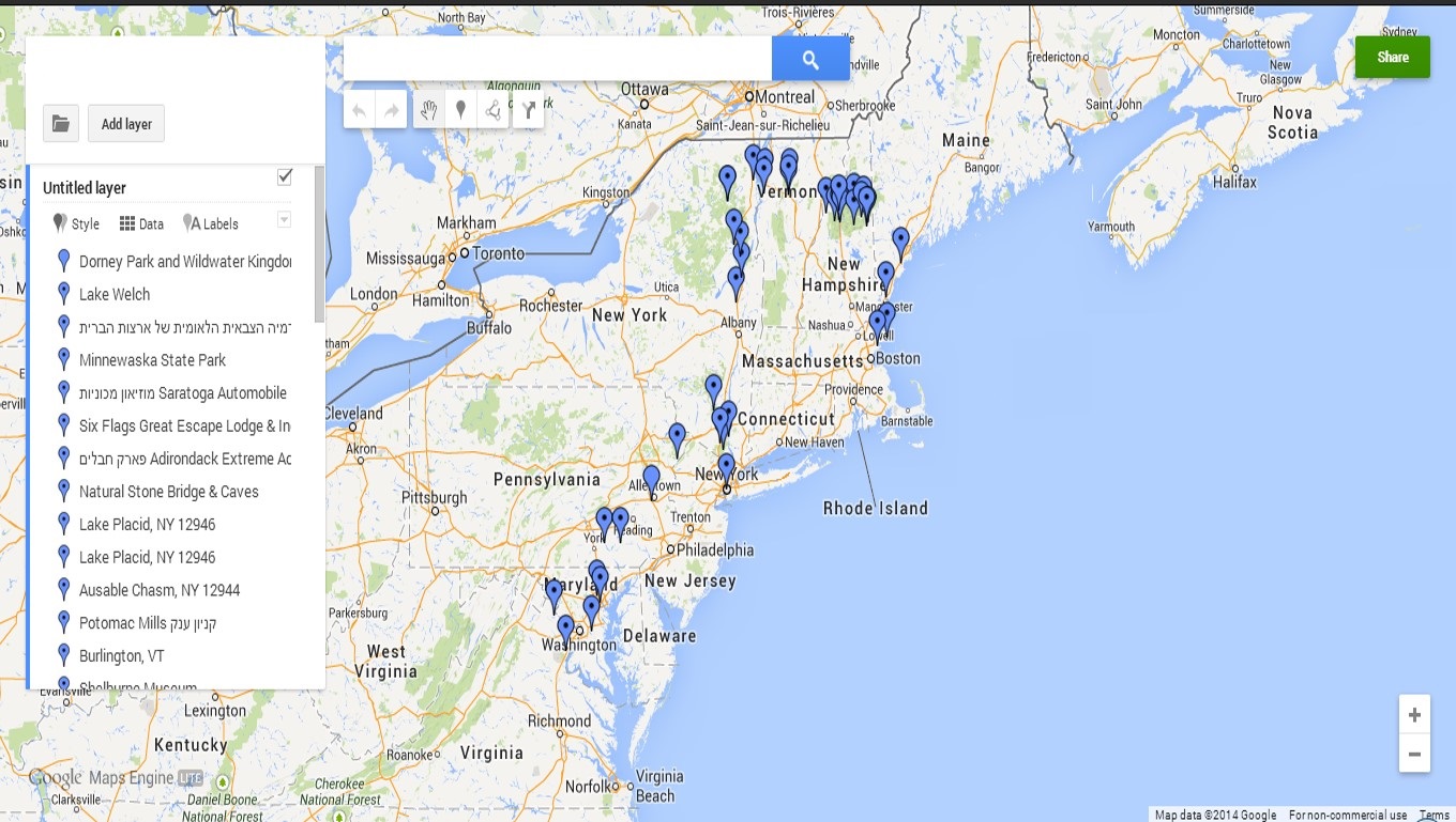 איך בונים שלד לטיול - נקודות על מפה של גוגל